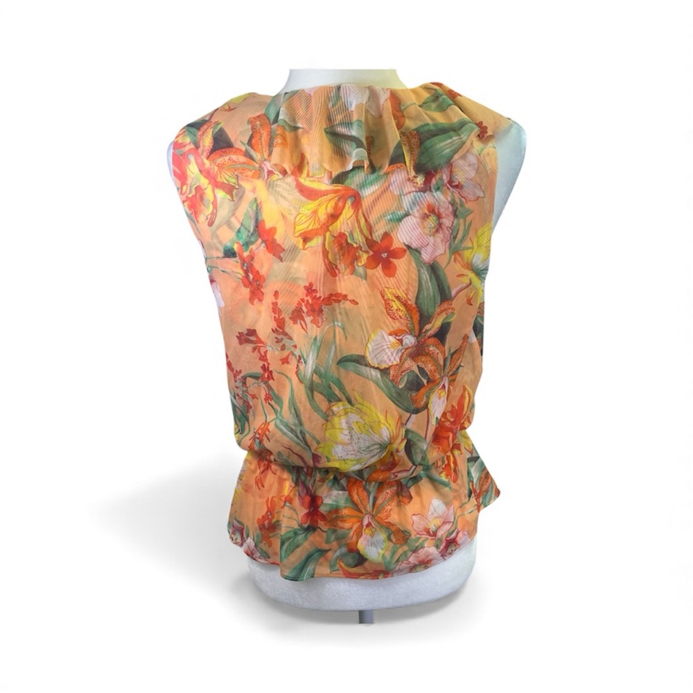 WHBM Tropical Floral V-Neck Sleeveless Blouse w/ Ruffle Peplum Hem Sz M - Picture 4 of 7